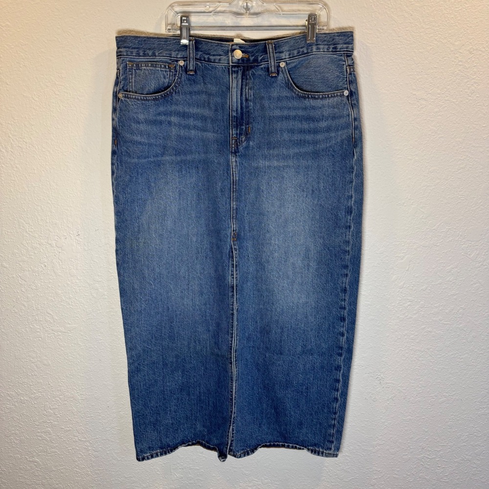 Madewell Denim Midi Skirt Medium Wash Front Slit Cotton Size 29 CKP482132694